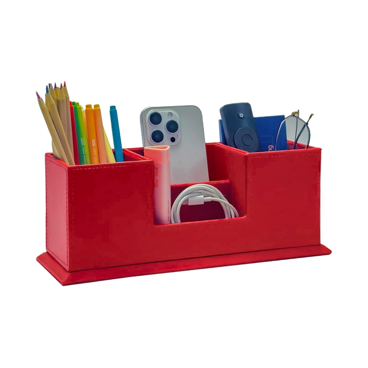 Red Leather Desk Organizer with Multiple Compartments