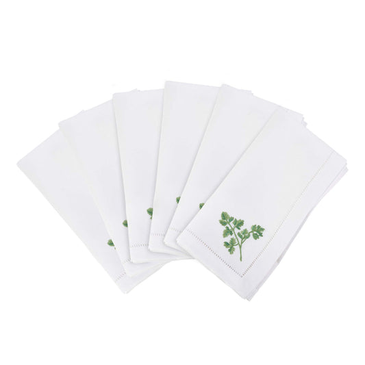 Embroidered Parsley Square Hemstitched Border Cotton Napkin, Set of 6, 20" x 20", White