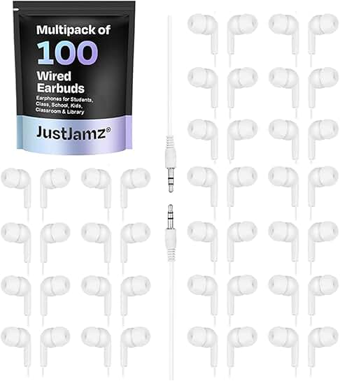 Bulk White Wired Earbuds for Classroom and Kids