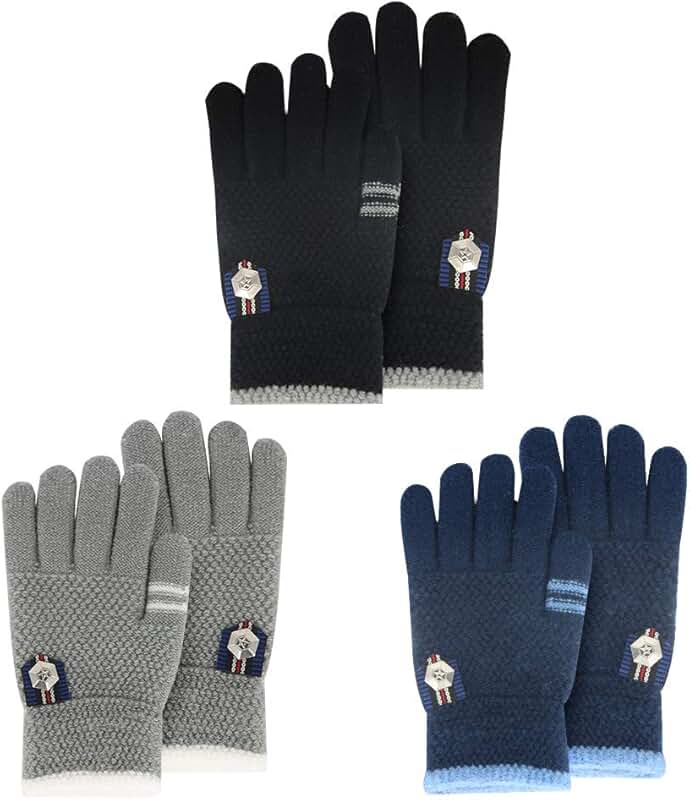Kids' Warm Wool-Lined Winter Gloves, 3 Pairs