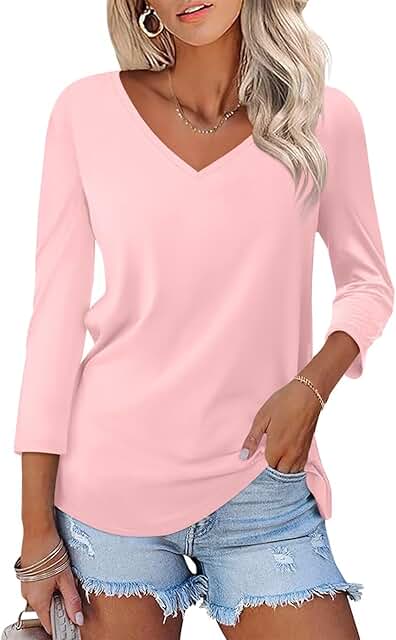 Women's V-Neck 3/4 Sleeve Solid Summer Top