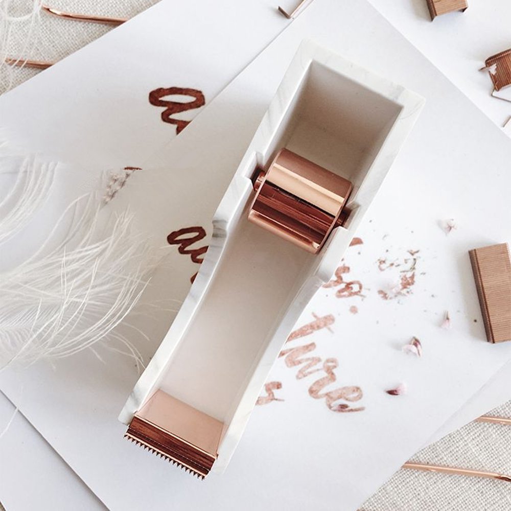 White marble print desktop tape dispenser with rose gold tone