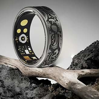 Black stainless steel fitness ring with sleep, steps, and water resistance