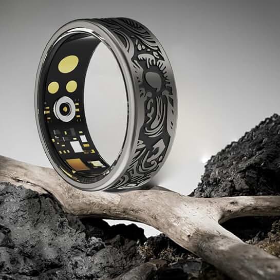 Black stainless steel fitness ring with sleep, steps, and water resistance