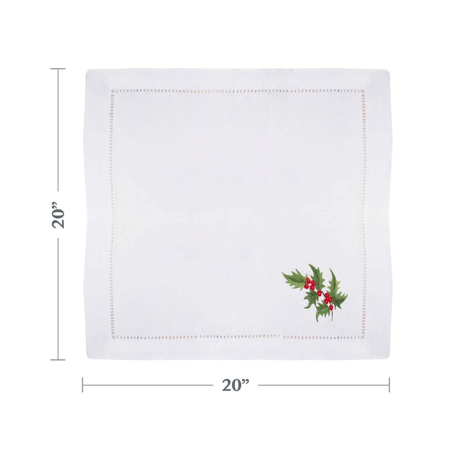 Embroidered Holly Leaf Square Hemstitched Border Cotton Napkin, Set of 6, 20" x 20", White