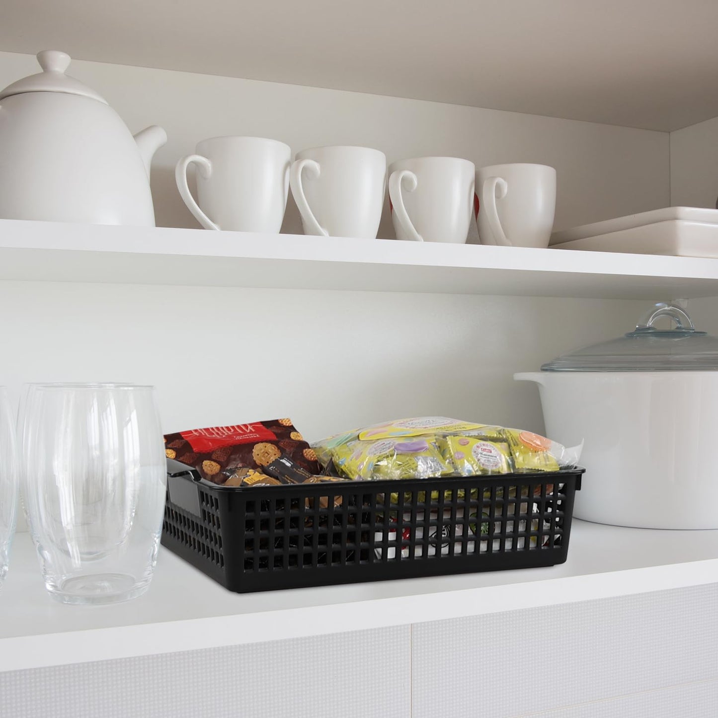 Six Black Plastic Paper Storage Baskets
