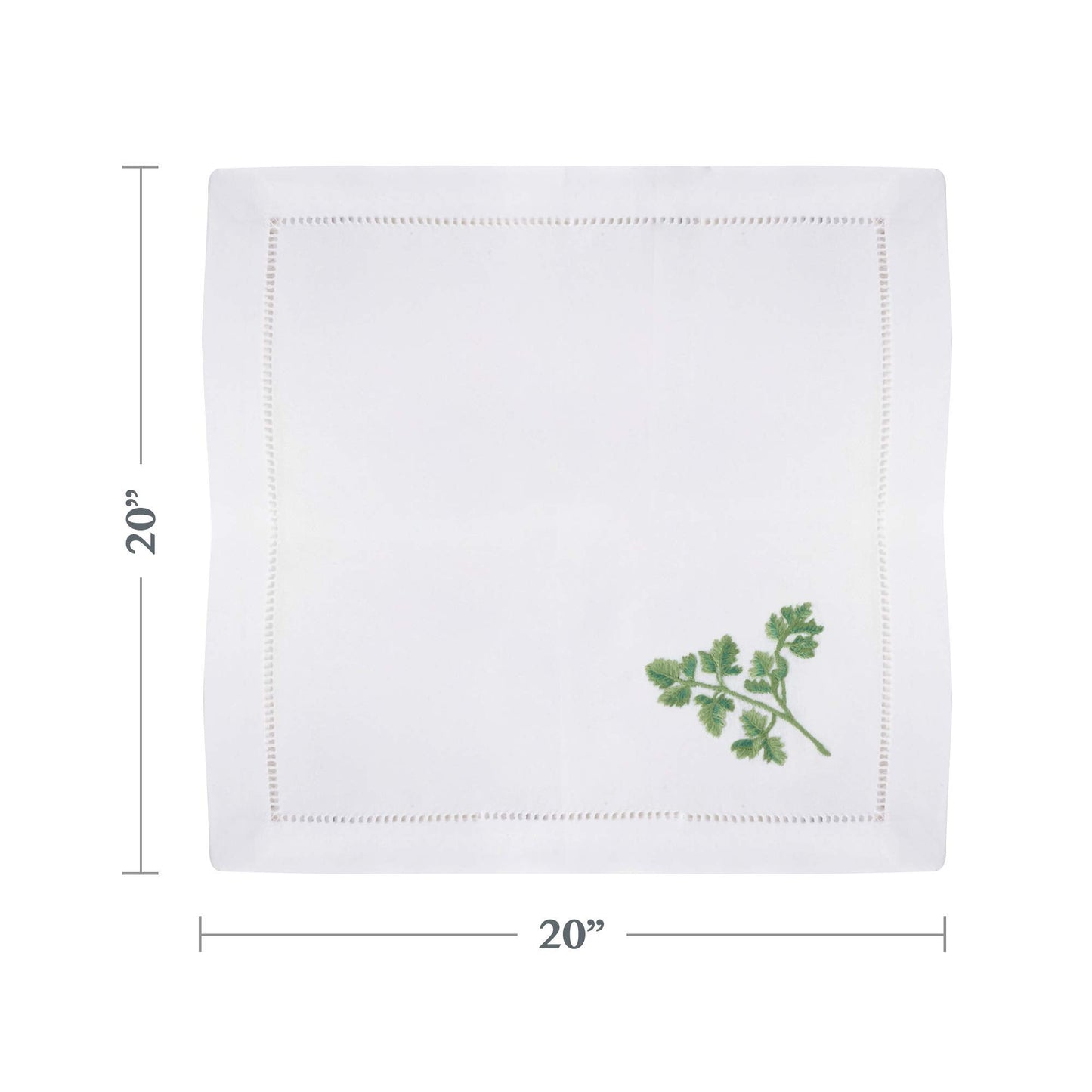 Embroidered Parsley Square Hemstitched Border Cotton Napkin, Set of 6, 20" x 20", White