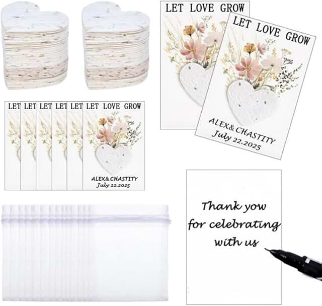 Set of 50 customizable wedding favor cards with seeds and organza bags