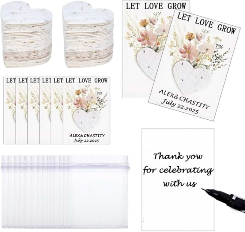 Set of 50 customizable wedding favor cards with seeds and organza bags