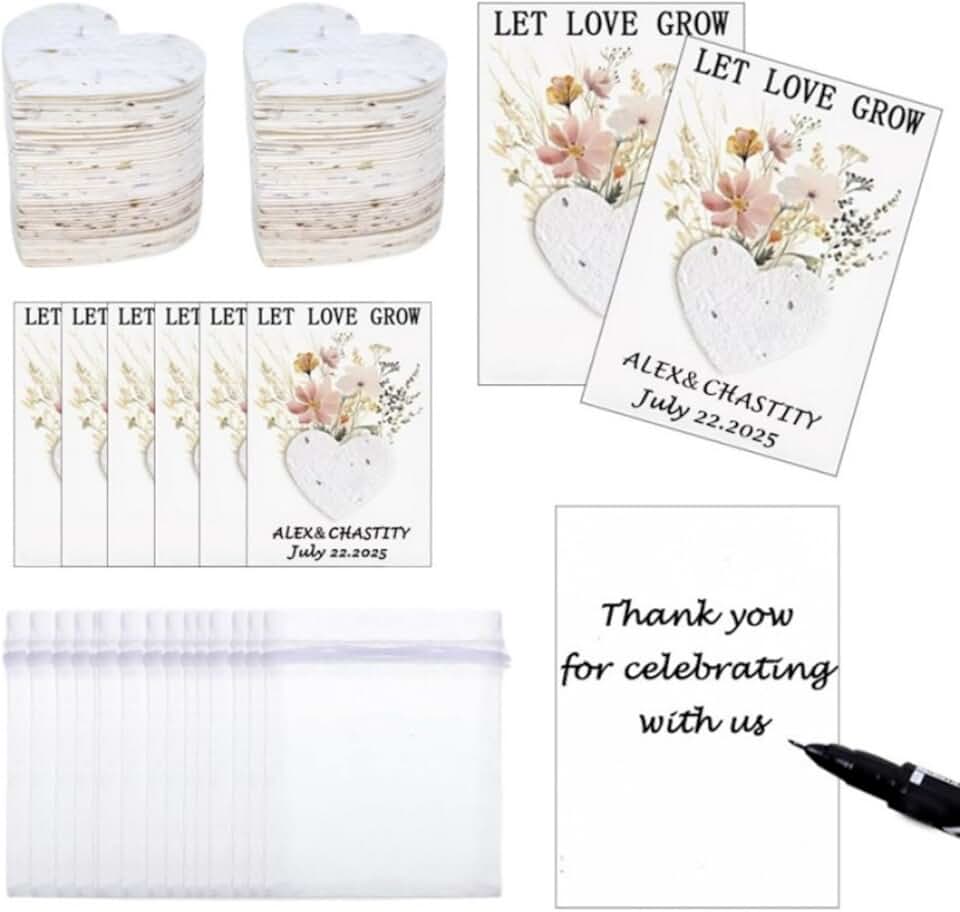 Set of 50 customizable wedding favor cards with seeds and organza bags