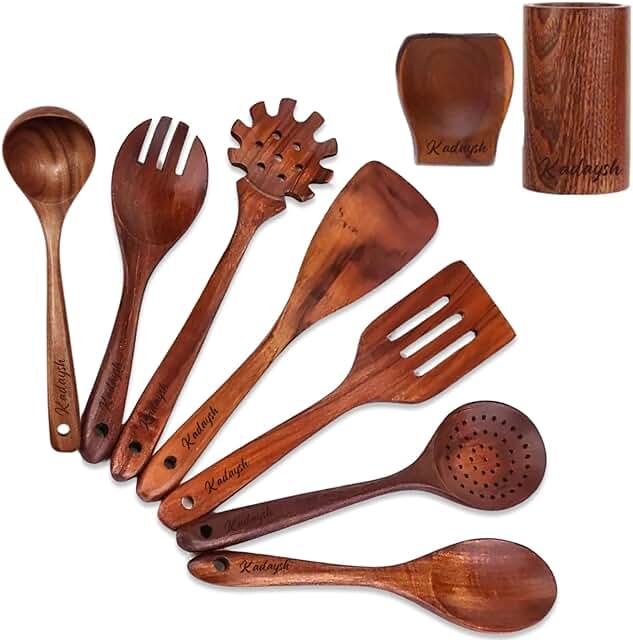 9-Piece Natural Teak Kitchen Utensil Set with Rest and Hooks