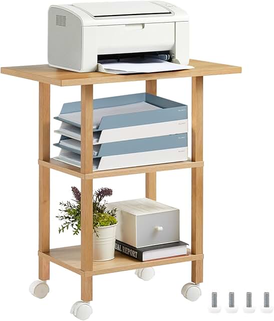 Three-Tier Wooden Printer Stand with Lockable Wheels
