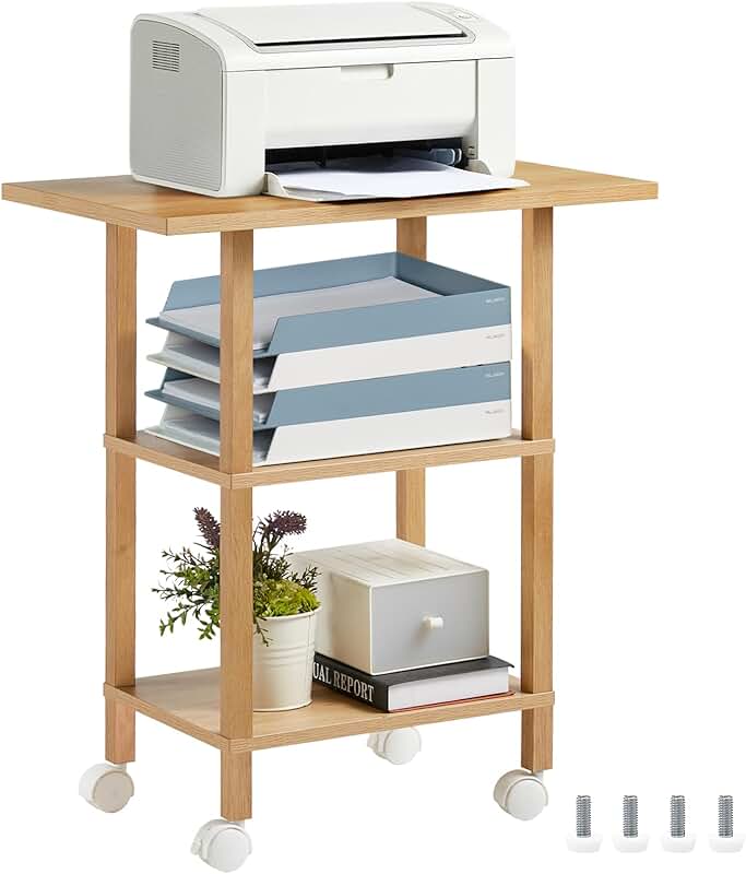 Three-Tier Wooden Printer Stand with Lockable Wheels