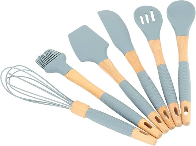 6-Piece Silicone Cookware and Cutlery Set with Wooden Handles