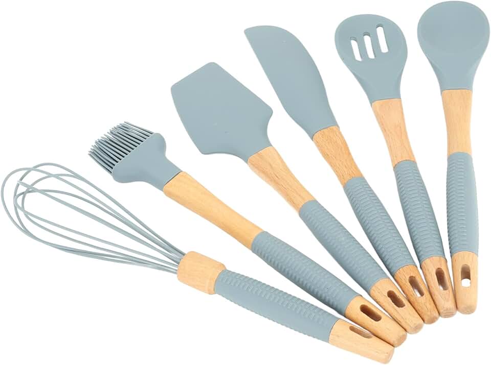6-Piece Silicone Cookware and Cutlery Set with Wooden Handles