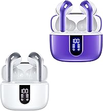 White and purple true wireless earbuds with charging case