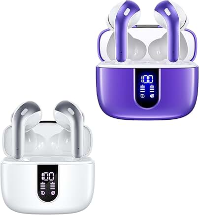 White and purple true wireless earbuds with charging case