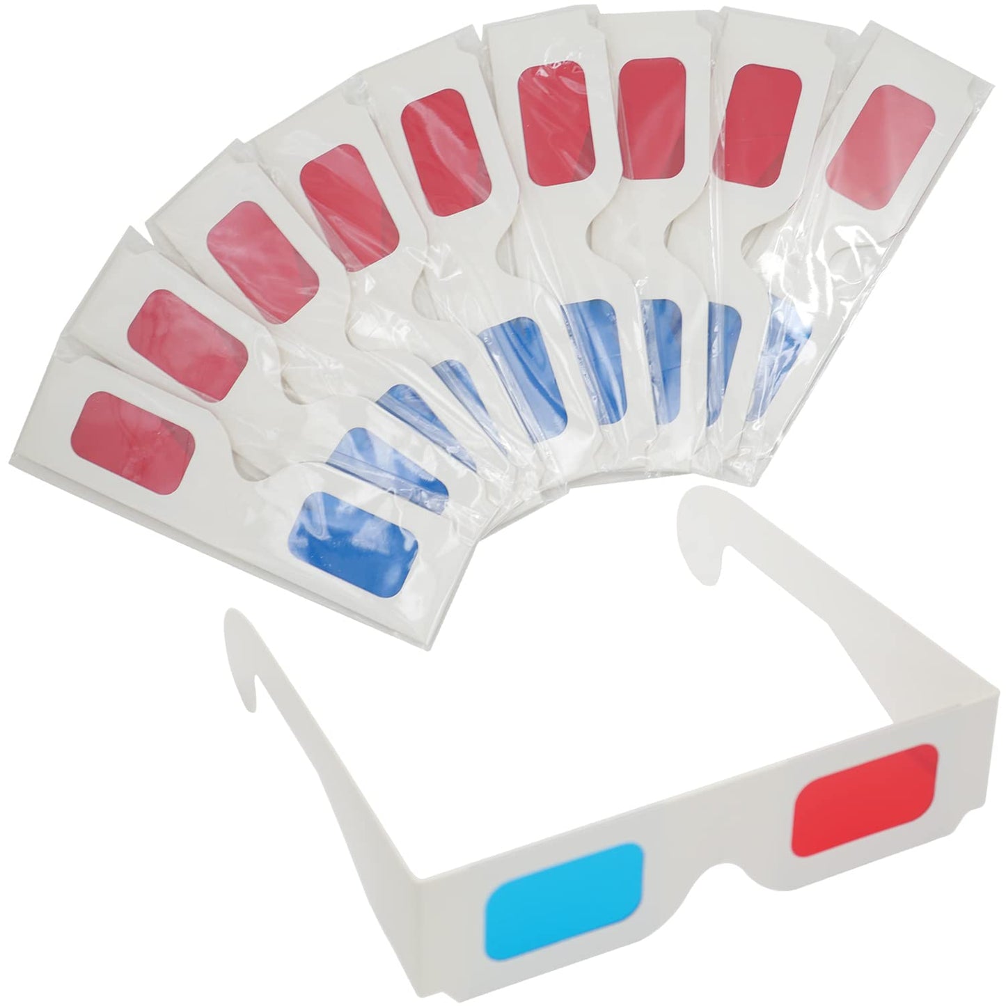 10 Pairs 3D Paper Glasses, Red and Cyan Lens in White Frame Anaglyph Cardboard for Movies - Folded in Protective Sleeve