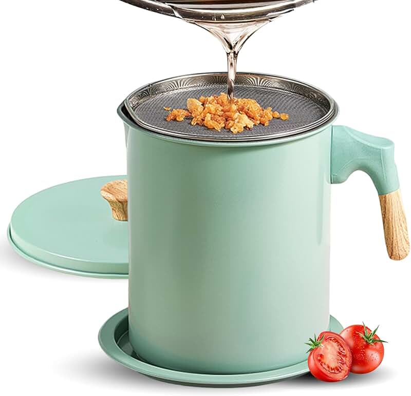 Light Green Bacon Grease Container with Strainer, 47oz