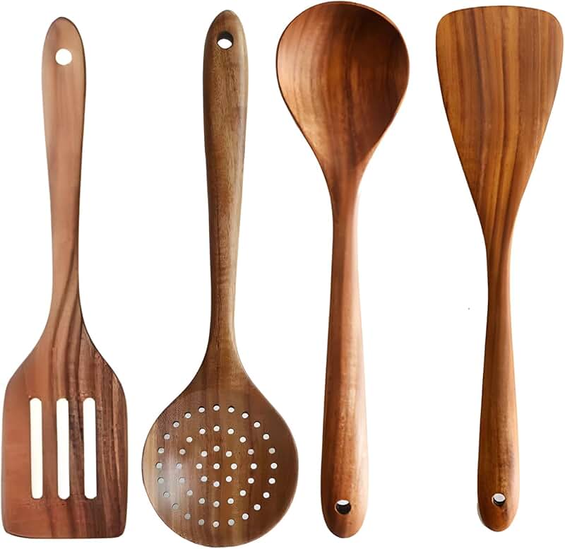 Set of 4 Wooden Cooking Utensils with Long Handles