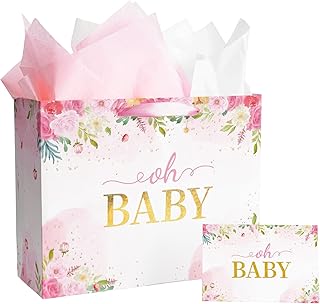 Large pink baby gift bags with tissue paper and card