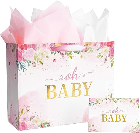 Large pink baby gift bags with tissue paper and card