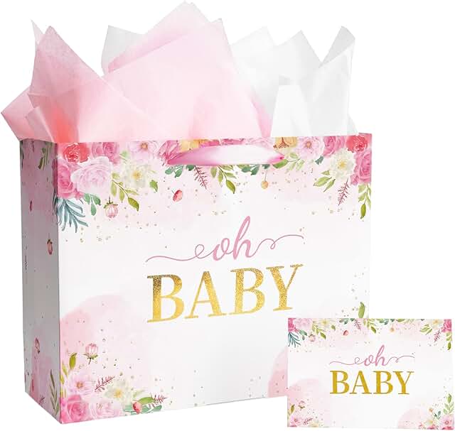 Large pink baby gift bags with tissue paper and card