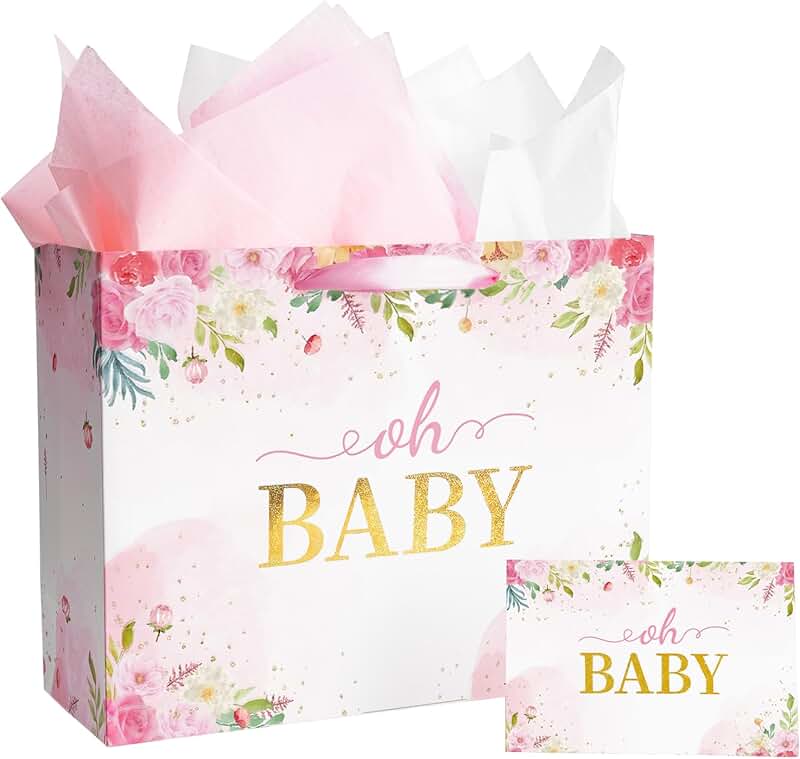 Large pink baby gift bags with tissue paper and card