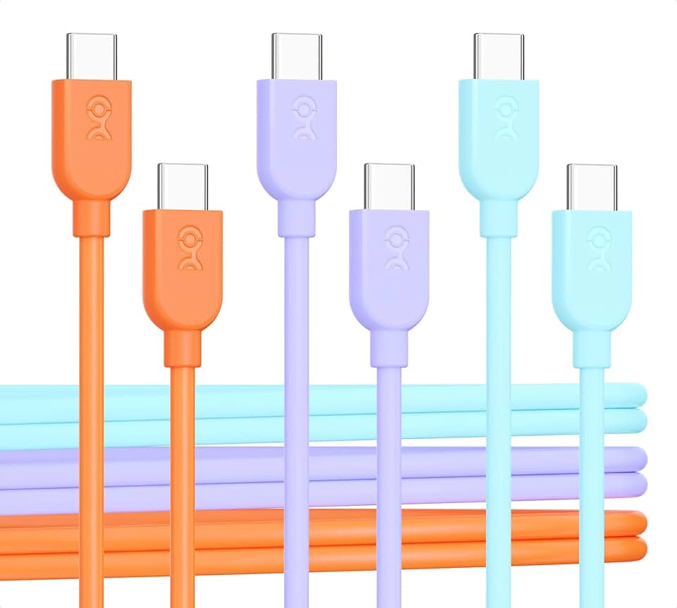 3-Pack Flexible USB C Charging Cables in Orange, Blue, Purple
