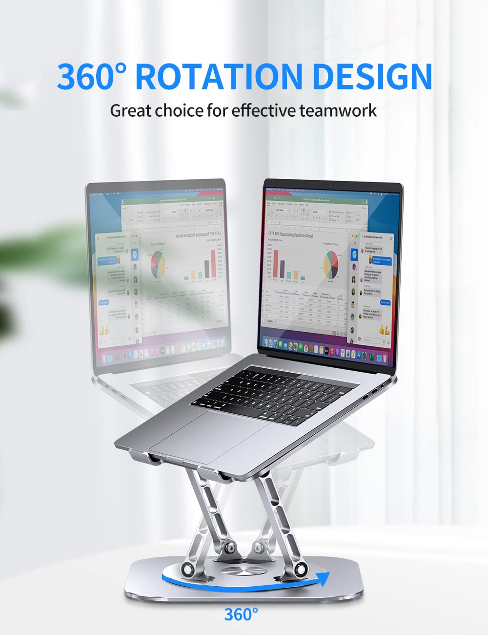 Adjustable Laptop Stand with 360 Rotating Base, Computer Stand for Laptop Ergonimic Foldable Laptop Riser for Desk Compatible with MacBook Pro/Air Notebook up to 16 Inches, Silver