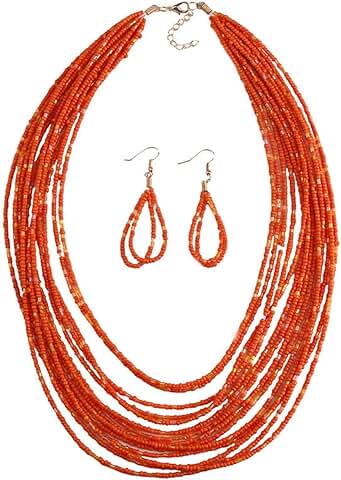 Long boho beaded necklace with colorful dangle earrings set