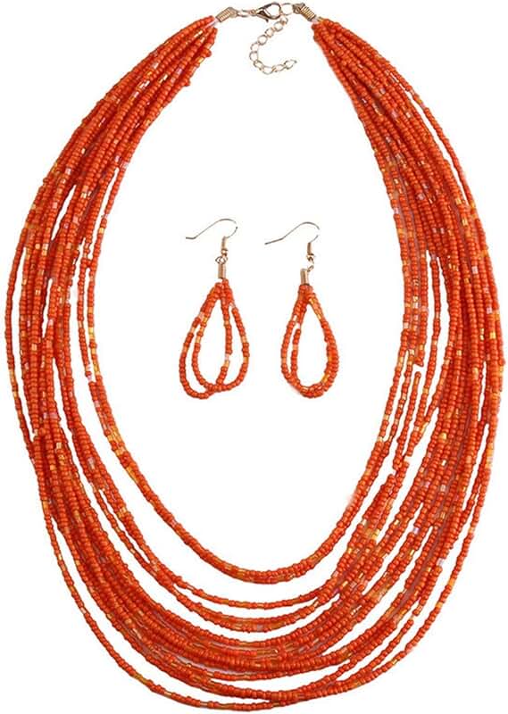 Long boho beaded necklace with colorful dangle earrings set