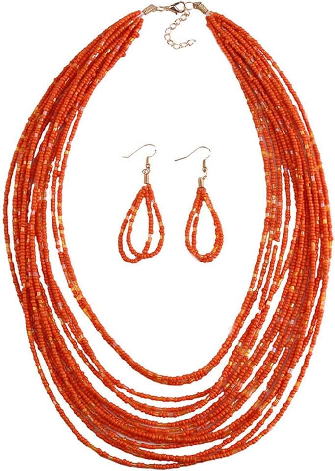 Long boho beaded necklace with colorful dangle earrings set