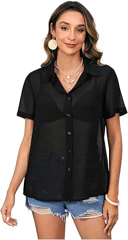 Plus Size Women's Mesh Sheer Short Sleeve Button-Down Shirt