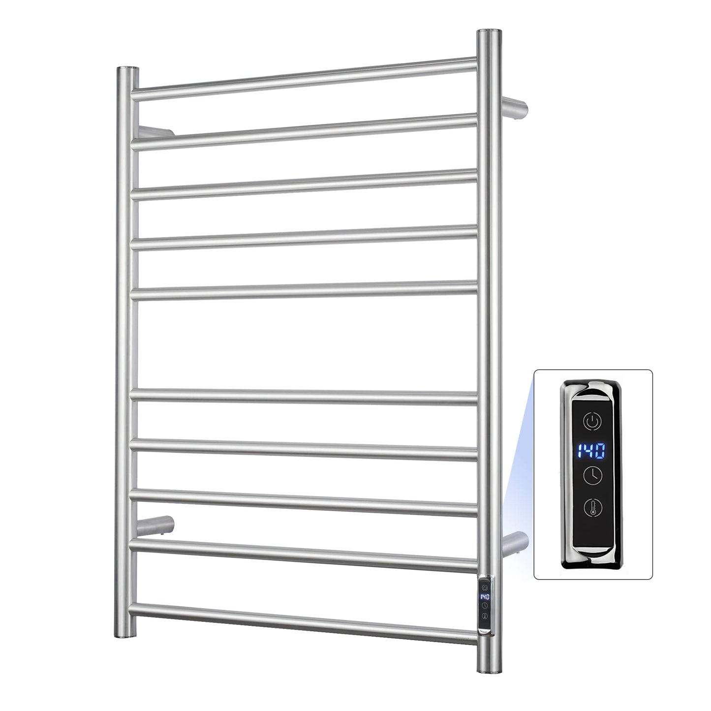 Towel Warmer with Built-in Timer Brushed Nickel for Bathroom Wall Mounted Bath Towel Heater Plug-in Electric Heated Towel Rack Stainless Steel Round Drying Rack ETW25A 80W