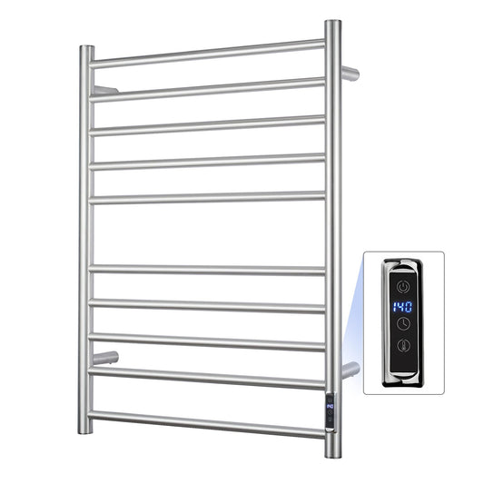Towel Warmer with Built-in Timer Brushed Nickel for Bathroom Wall Mounted Bath Towel Heater Plug-in Electric Heated Towel Rack Stainless Steel Round Drying Rack ETW25A 80W