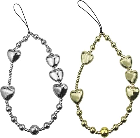 Heart Charm Wrist Strap for Phones, Detachable, Gold and Silver