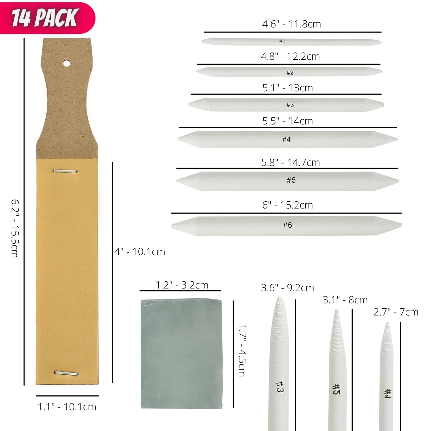 14 Pack Blending Stump Set with Art Eraser and Sharpener