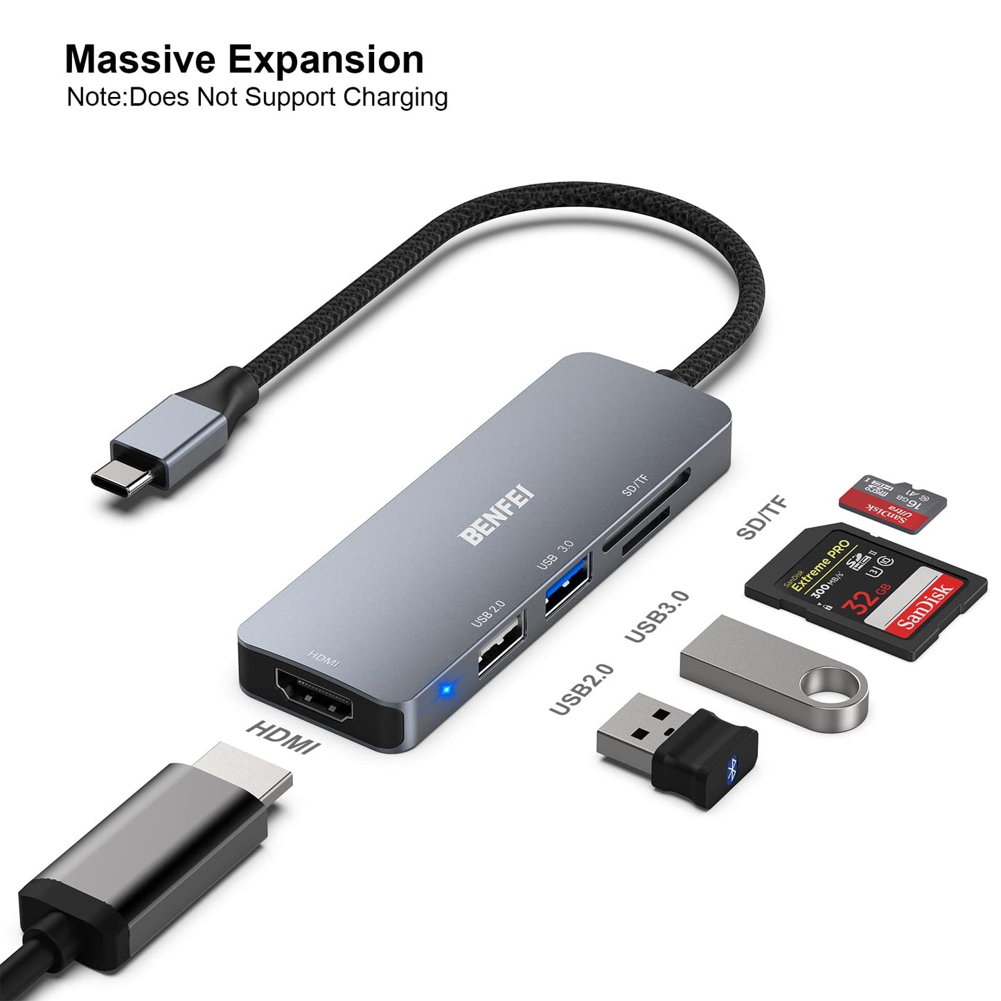 USB C to HDMI, USB Type-C Hub, 2 Port USB-C to USB, USB C to SD/TF Card Compatible with MacBook Pro 2022/2021/2019, Samsung Galaxy S9/S8, Surface Book 2, Dell XPS 13/15, Pixelbook and More