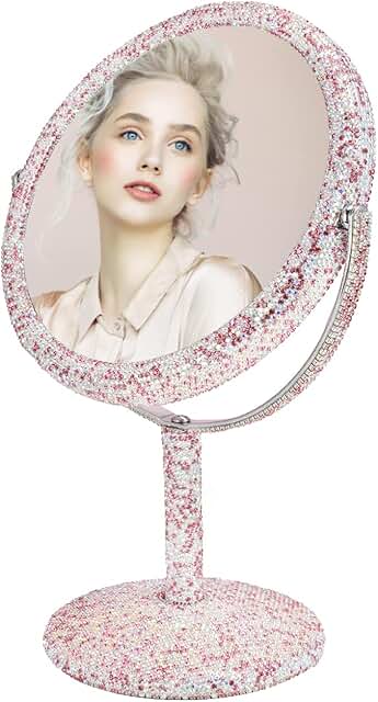 Round Rhinestone Makeup Mirror with Stand