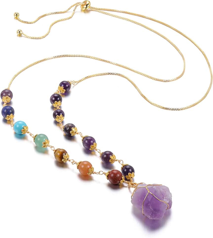 7 Chakra Healing Stone Necklace with Raw Quartz Pendant