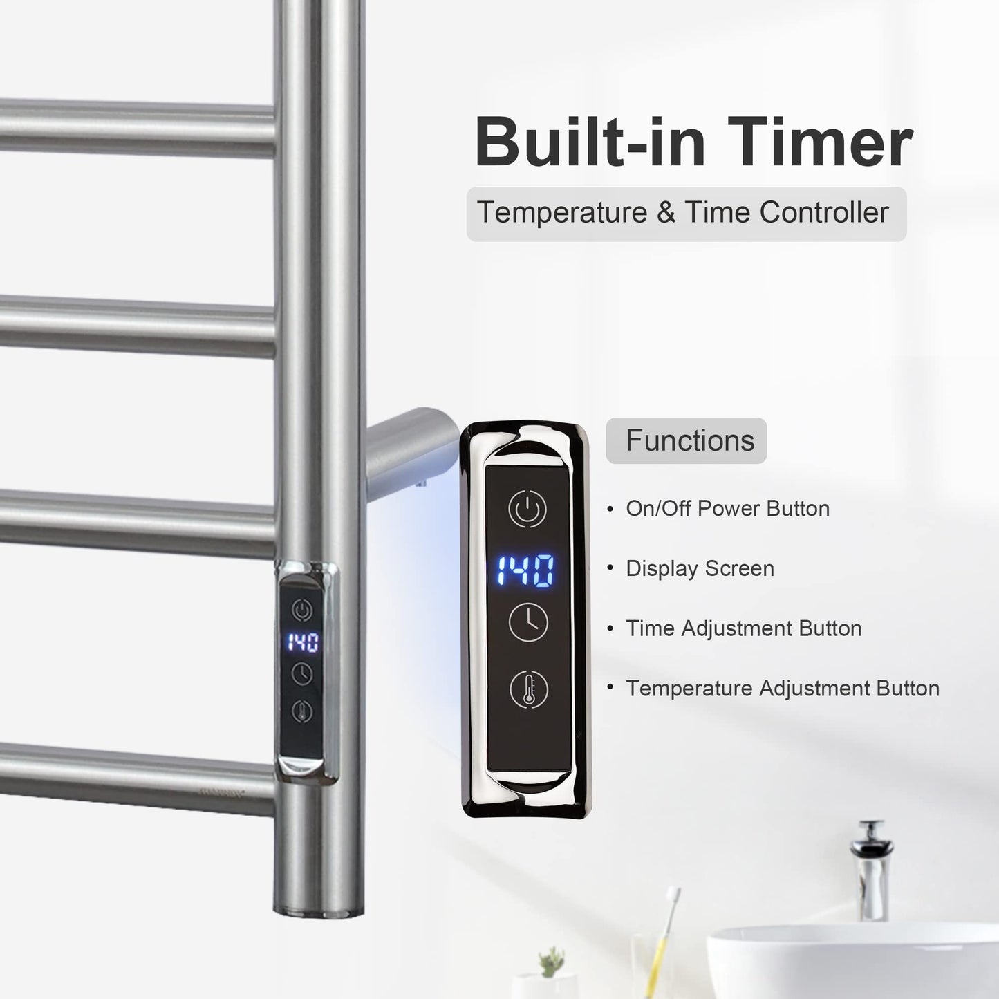 Towel Warmer with Built-in Timer Brushed Nickel for Bathroom Wall Mounted Bath Towel Heater Plug-in Electric Heated Towel Rack Stainless Steel Round Drying Rack ETW25A 80W