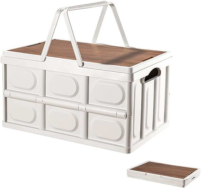 Large Collapsible Storage Bin with Handles and Wooden Lid