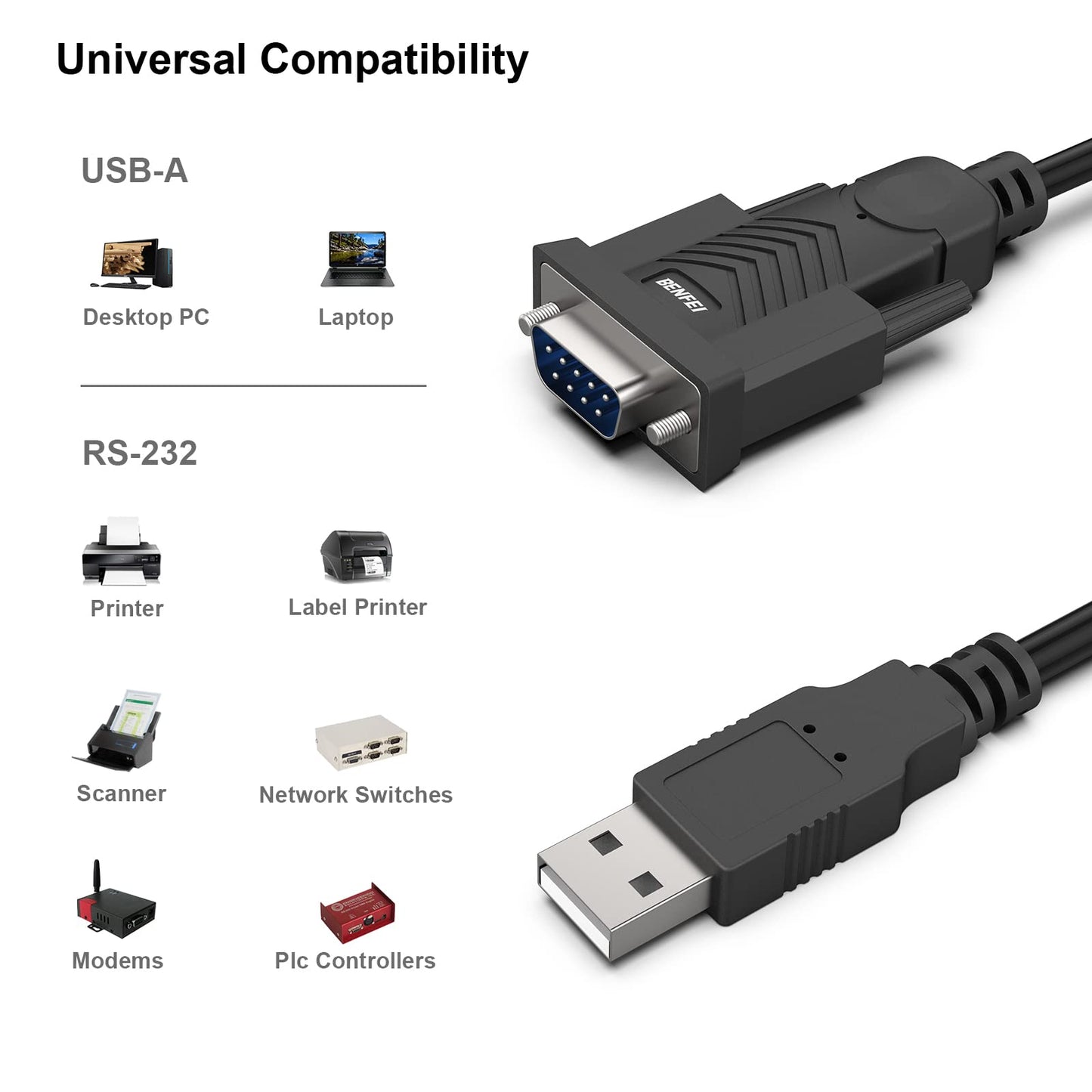 USB to Serial Adapter, USB to RS-232 Male (9-pin) DB9 Serial Cable, Prolific Chipset, Windows 10/8.1/8/7, Mac OS X 10.6 and Above, 1.8M