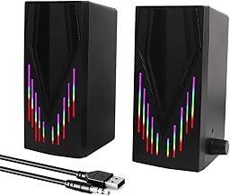 Black computer speakers with RGB lighting and aux cable