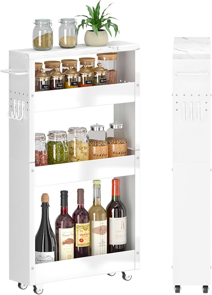 Slim 4-Tier White Rolling Storage Cart with Handle