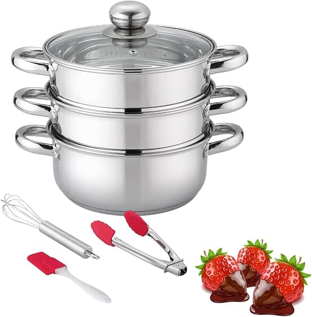 Stainless Steel Double Boiler and Steamer Set with Glass Lid