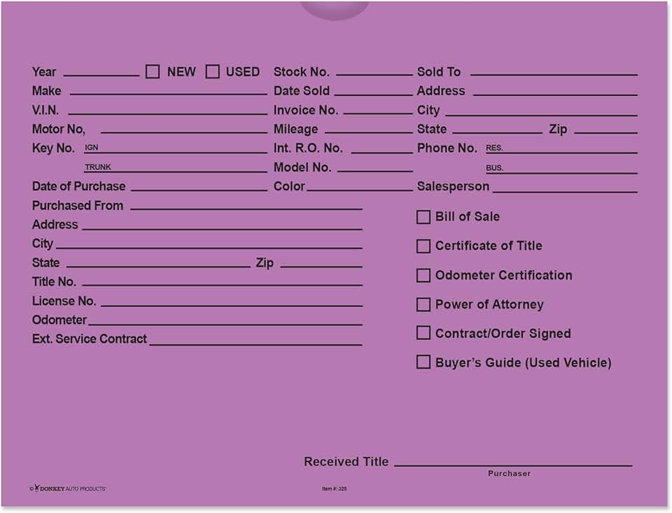 Printed 9x12 Vehicle Deal Envelopes, 100 Pack