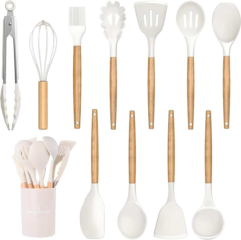 12-Piece Silicone Kitchen Utensil Set with Wooden Handles