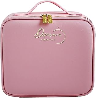 Pink travel makeup bag with mirror and adjustable dividers